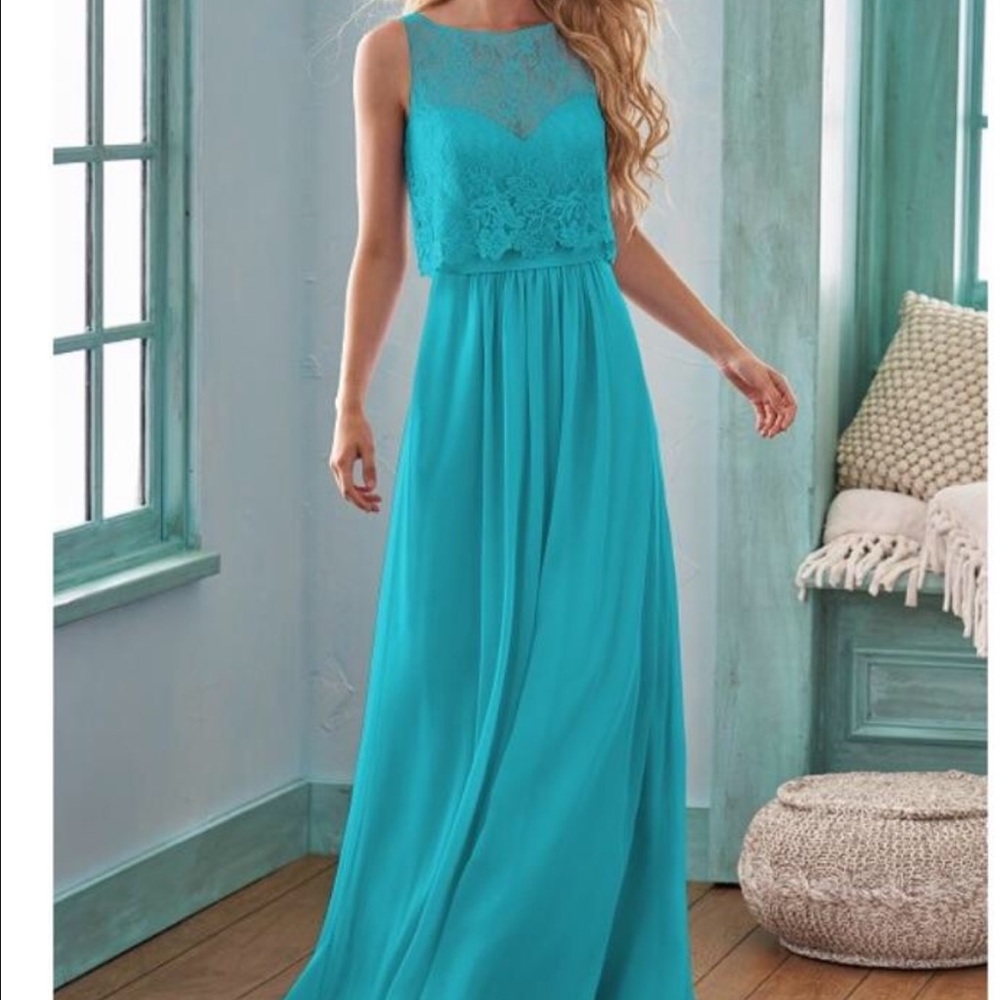 B2 Jasmine Teal Lace and Chiffon Long Gown